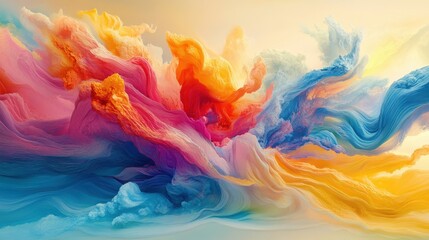 Colorful abstract shapes flowing like liquid in a dreamy landscape.