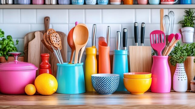 Colorful array of kitchen tools neatly organized on a wooden countertop, ready for meal preparation.