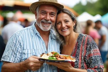 A happy couple poses with a delicious plate of food at a lively outdoor market, showcasing the joy of shared experiences and culinary delights in a vibrant setting.