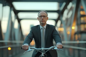 A serious businessman in formal grey attire rides a bicycle along an industrial-style city bridge, emphasizing focus and dedication in corporate urban commute.