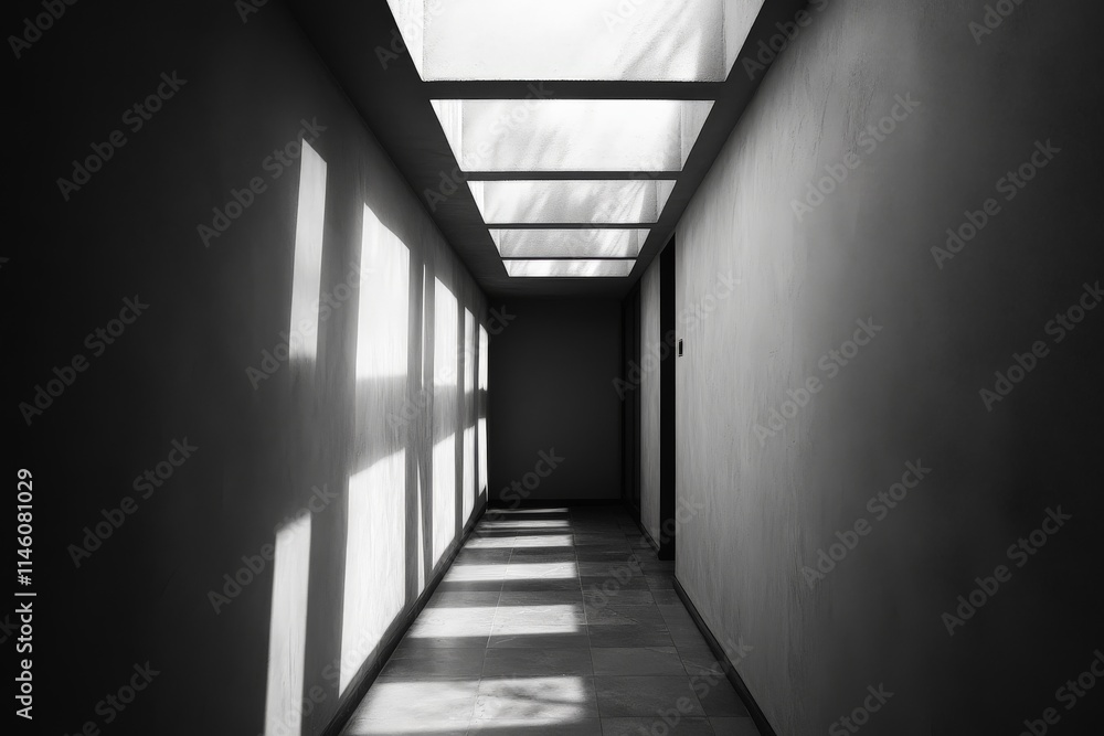 Aufkleber A minimalist hallway featuring a series of skylights, casting sharp, geometric shadows on the walls and floor, creating a dynamic play of light and shadow.