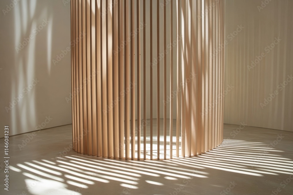 Poster A modern architectural feature with vertical wooden slats casting dynamic light patterns on the floor, creating an interplay of shadows and textures.
