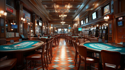 Luxurious casino interior with gaming tables and slot machines
