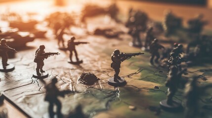 Close-up of detailed military strategy map with miniature soldiers and terrain models on wooden table for tactical planning and battlefield simulation.