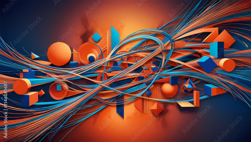 Poster abstract orange background with dynamic lines and circles, a colorful vector illustration
