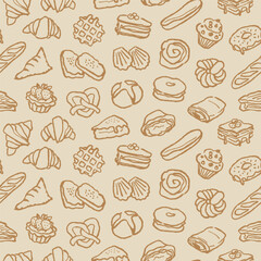 Pastry pattern, seamless background with hand drawn bakery products.