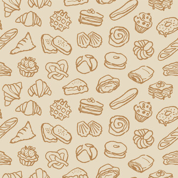 Pastry pattern, seamless background with hand drawn bakery products.