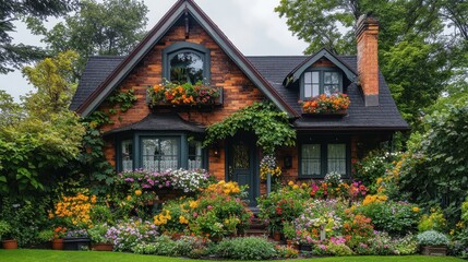 Cottage with charming bay windows and flower boxes.