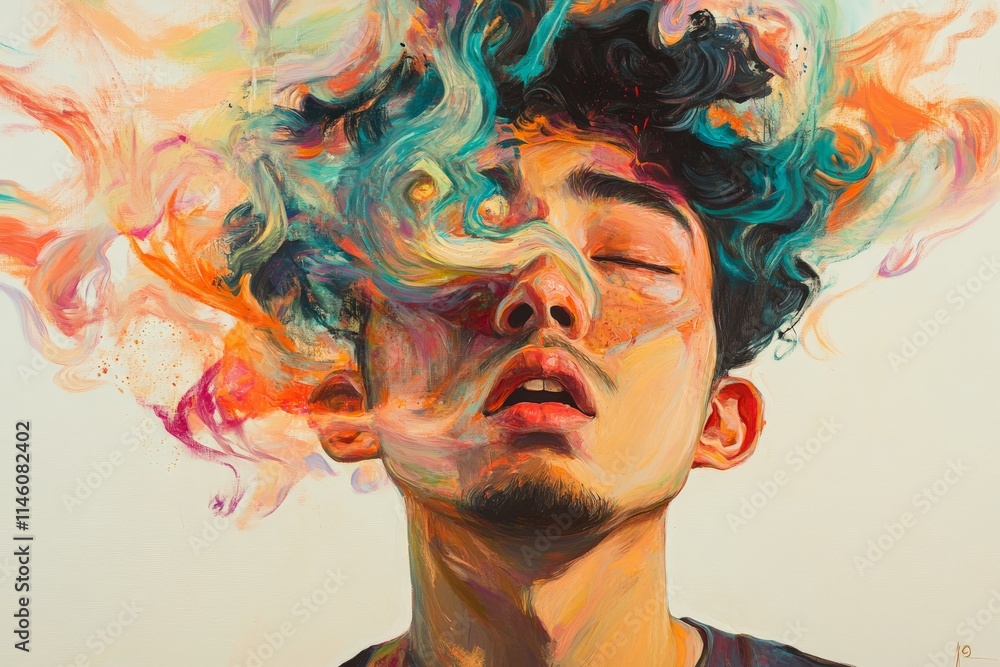 Poster Abstract artistic depiction of a person with smoke clouds in various vibrant colors, creating an expression of creativity, emotion, and modern artistic style.