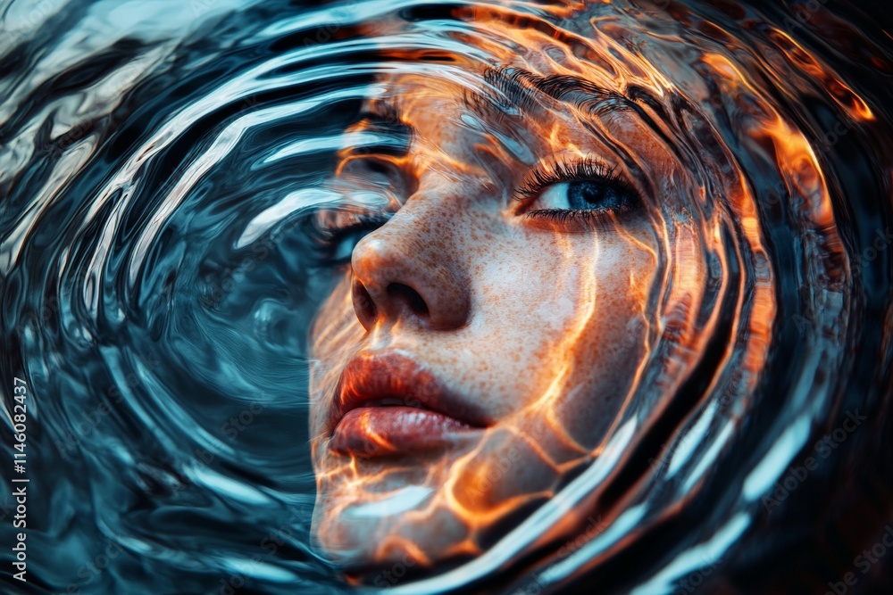 Aufkleber a dramatic portrait showcasing a face with complex water ripples and fiery lighting, symbolizing int