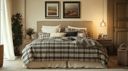 Cozy bed with a plaid comforter