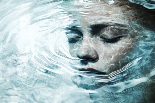 A serene image showcasing a face just beneath the water surface, offering a tranquil reflection and conveying a sense of peace and introspection in the quiet depths.