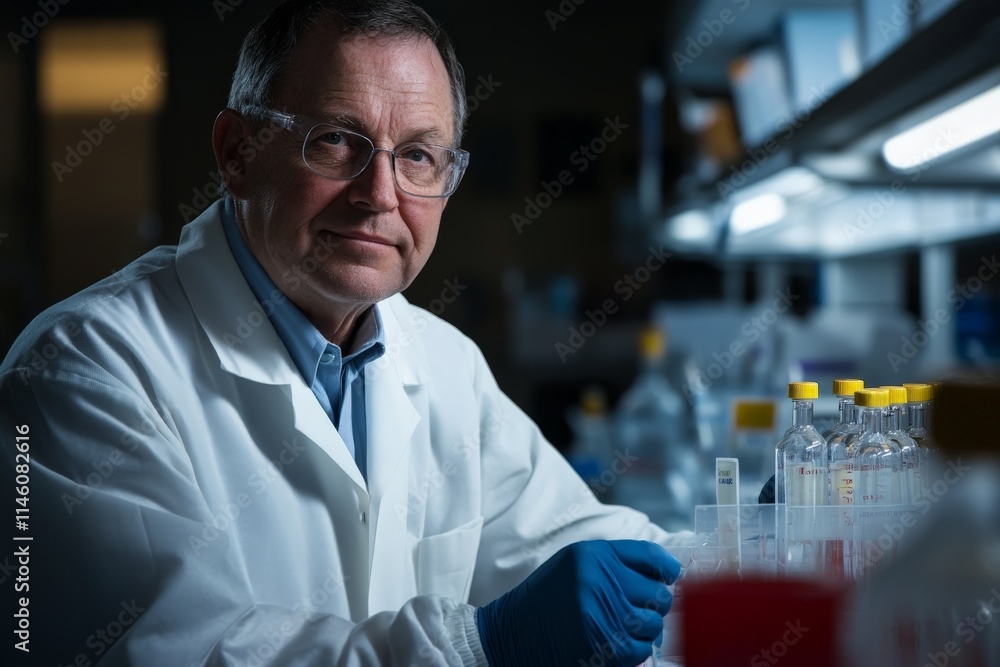 Poster an experienced scientist wearing a white lab coat and gloves is seated while surrounded by modern la
