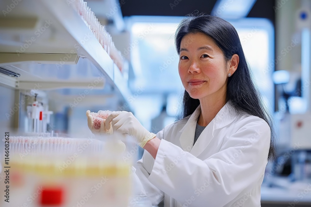 Poster a focused scientist, equipped with a white lab coat and gloves, handling laboratory samples in a mod