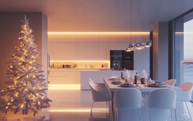 A modern dining room with a glowing tree beside a sleek white table decorated for Christmas dinner