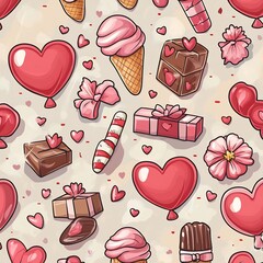 Vibrant Valentine s Day Themed Cartoon Pattern with Hearts Gifts and Candy