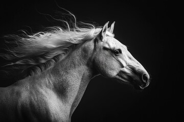 A mesmerizing image of a graceful white horse in motion, its flowing mane captured in stunning detail, symbolizing beauty, freedom, and timeless elegance.