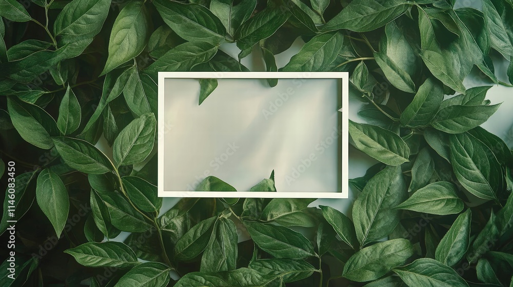 Poster close-up of green leaves with an empty frame on a natural background for use in creative projects an