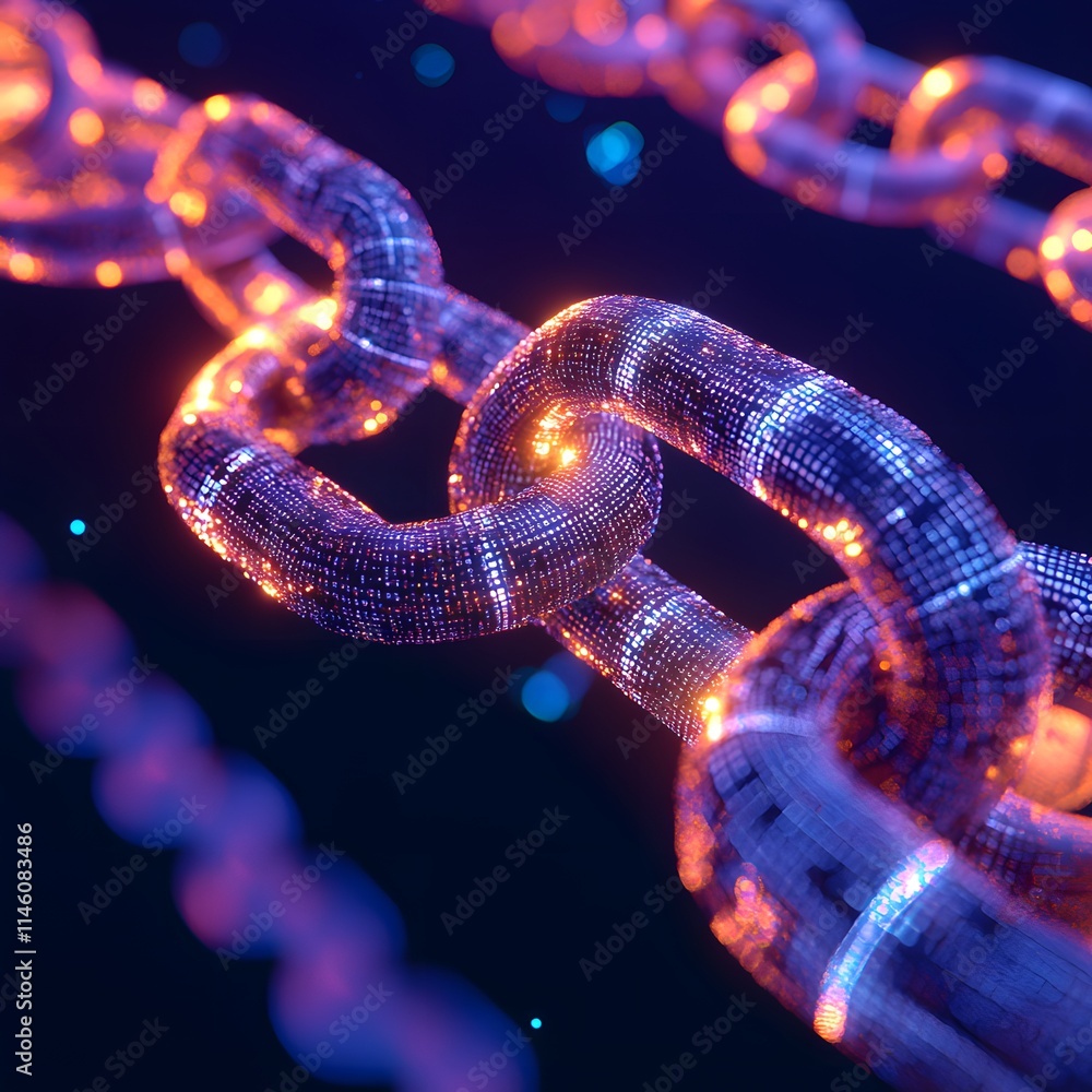 Aufkleber a close-up view of a futuristic digital chain, illuminated by glowing lights and intricate patterns,
