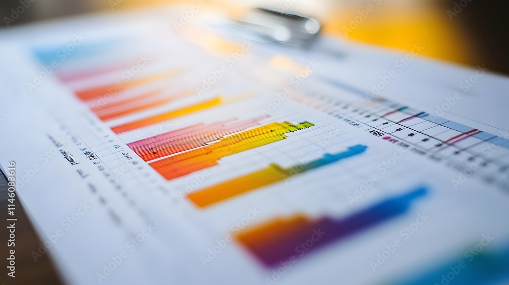 Poster a close-up view of colorful bar graphs on a financial report, showcasing data visualization and anal