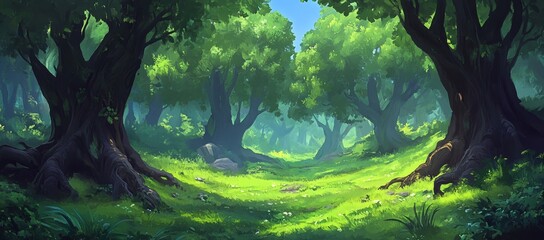 Lush green forest clearing with sunlight filtering through the canopy.