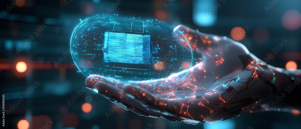 Poster a futuristic hand holding a holographic microchip, representing advanced technology and innovation i