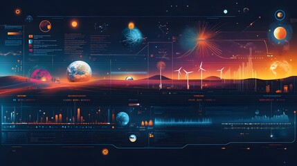 Fototapeta premium A futuristic digital landscape showcasing advanced technology with planetary visuals, data graphs, and renewable energy symbols