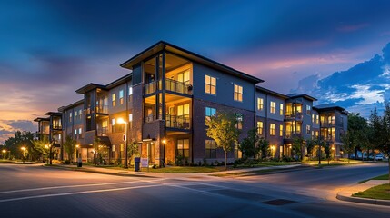 Fototapeta premium Luxury apartment building with glowing windows at dusk