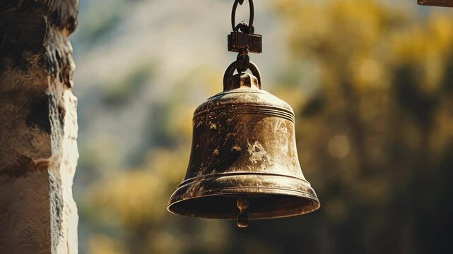 Rustic Bell Hanging Against a Golden Backdrop