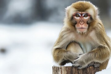 Naklejka premium Japan, Yamanouchi, Jigokudani Monkey Park, red-faced macaque with young animal. Beautiful simple AI generated image