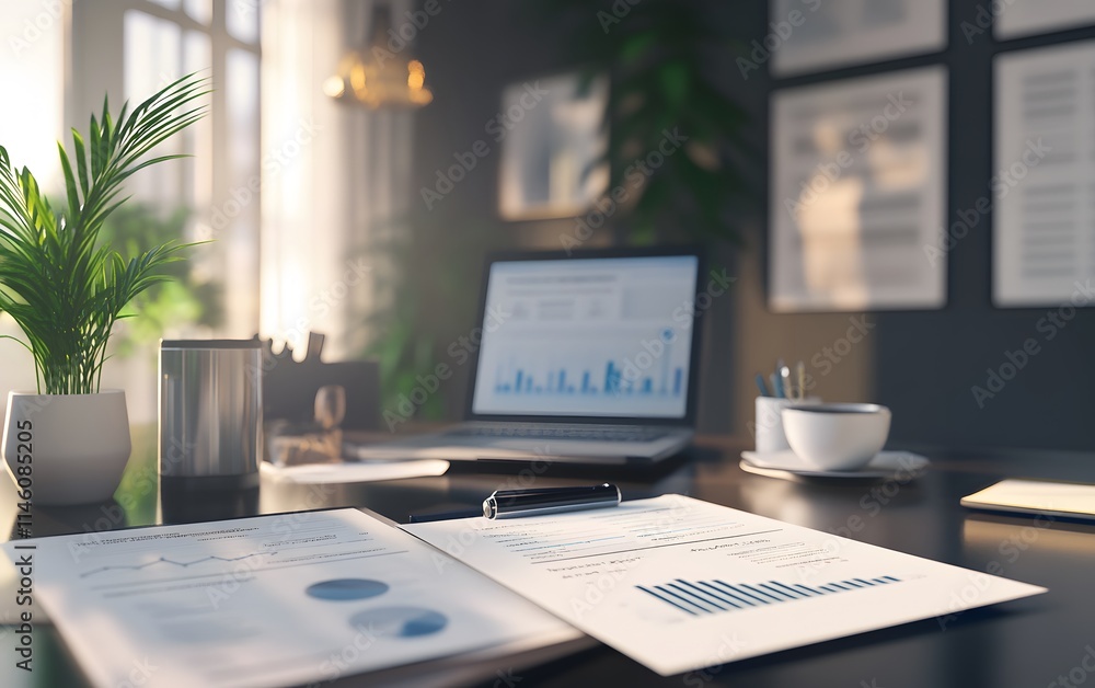 Poster a modern workspace featuring a laptop displaying graphs and documents on a dark desk. a coffee cup, 