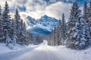 Serene Snow-Covered Roadway Through Pine Forest With Majestic Mountains Under Dramatic Cloudy Sky in Winter Wonderland Landscape