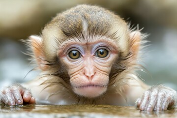 Japan, Yamanouchi, Jigokudani Monkey Park, red-faced macaque with young animal. Beautiful simple AI generated image