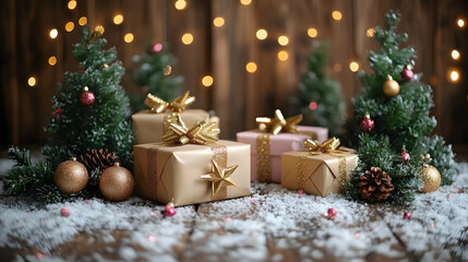Festive Gifts Wrapped with Bows Under Christmas Trees