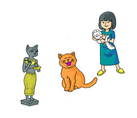 Cartoon girl and cat, color illustration