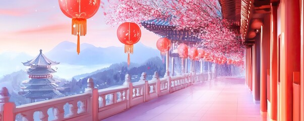Chinese new year temples concept. Temple pathway lined with red couplets and banners, inviting festive charm, watercolor style