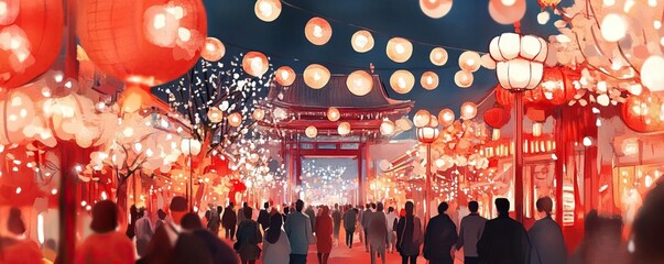Chinese new year temples concept. Temple pathways crowded with visitors, joyous festive energy and red decorations, watercolor style