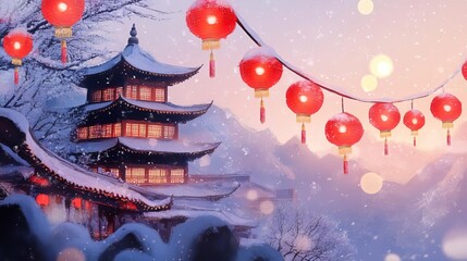 Chinese new year temples concept. Temple surrounded by snowy mountains, red lanterns creating contrast, rare winter festivity, watercolor style