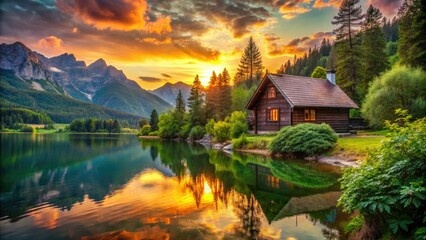 Fototapeta premium Idyllic lake cottage bathed in sunset's glow, mountains rising majestically over tranquil waters and vibrant greenery.