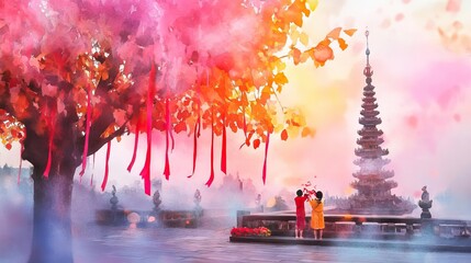 Chinese new year temples concept. Visitors tying red ribbons on temple trees, symbolic wishes for the new year, spiritual and colorful, watercolor style