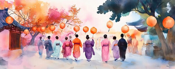 Chinese new year temples concept. Visitors carrying lanterns in temple procession, harmonious and traditional scene, watercolor style