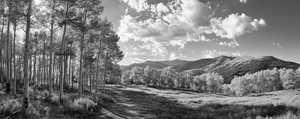 Fall Aspen Forest in Black and White Panoramic Mountain Landscape. Golden tree leaves of a fall aspen forest contrasted against a black and white panoramic landscape scene in Colorado 