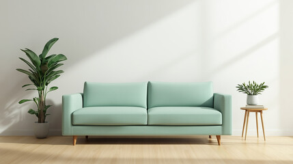 Modern living room design featuring a mint green sofa and indoor plants with natural lighting illuminating the space