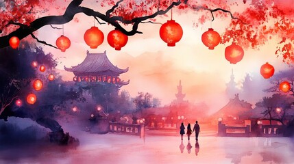 Chinese new year temples concept. Families walking through temple garden, red lanterns swaying gently, peaceful holiday celebration, watercolor style