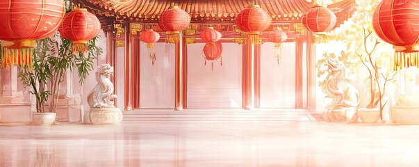 Chinese new year temples concept. Chinese temple during Lunar New Year, adorned with red lanterns and gold accents, peaceful atmosphere, watercolor style