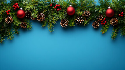 Winter Holiday Decorations: Festive Ornament & Pine Cones on Blue