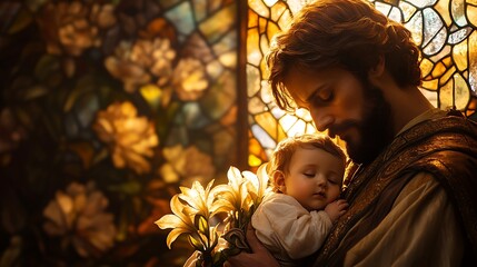A luminous stained-glass depiction of Saint Joseph cradling baby Jesus, his staff of lilies glowing softly, warm golden and earthy brown tones surrounding them,