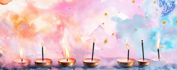 Chinese new year temples concept. Incense sticks burning at temple altar, soft smoke and glowing candles, spiritual warmth, watercolor style