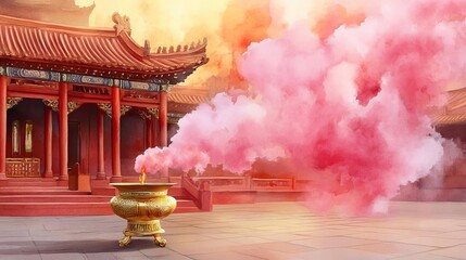 Chinese new year temples concept. Incense burner at temple courtyard, smoke swirling against red and gold backdrop, spiritual scene, watercolor style