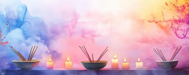 Chinese new year temples concept. Incense sticks burning at temple altar, soft smoke and glowing candles, spiritual warmth, watercolor style